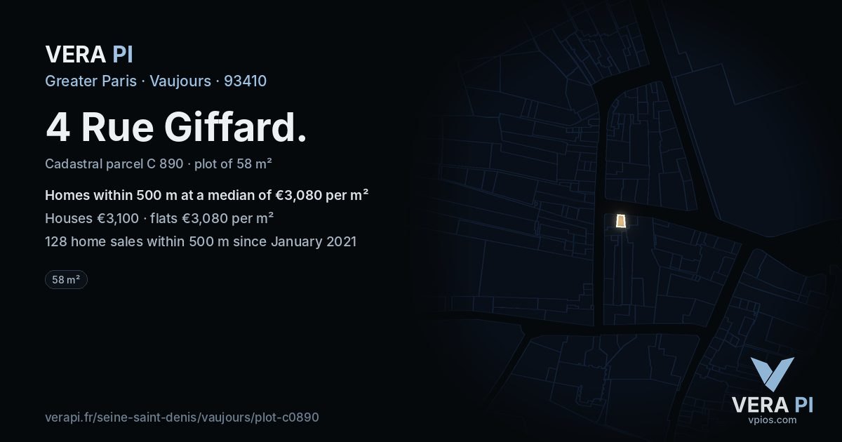 4 Rue Giffard, Vaujours at night – the plot lit, the parcels around coloured by the prices near them