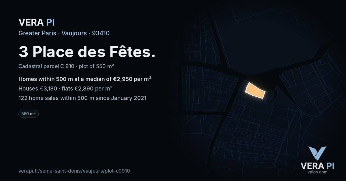 3 Place des Fêtes, Vaujours at night – the plot lit, the parcels around coloured by the prices near them