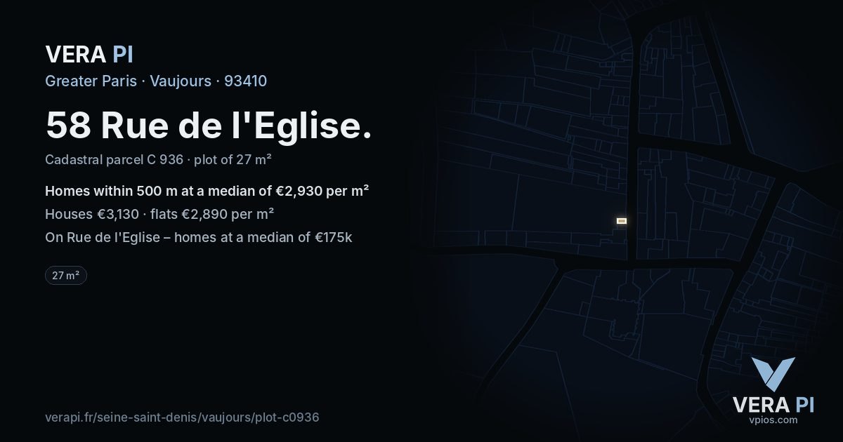 58 Rue de l'Eglise, Vaujours at night – the plot lit, the parcels around coloured by the prices near them