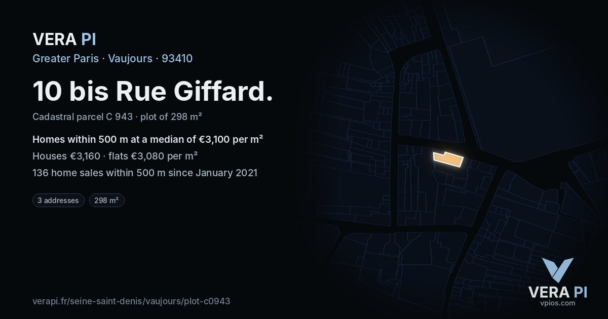 10 bis Rue Giffard, Vaujours at night – the plot lit, the parcels around coloured by the prices near them