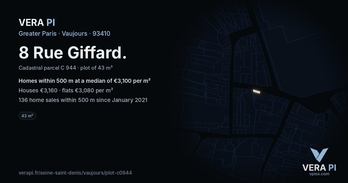 8 Rue Giffard, Vaujours at night – the plot lit, the parcels around coloured by the prices near them