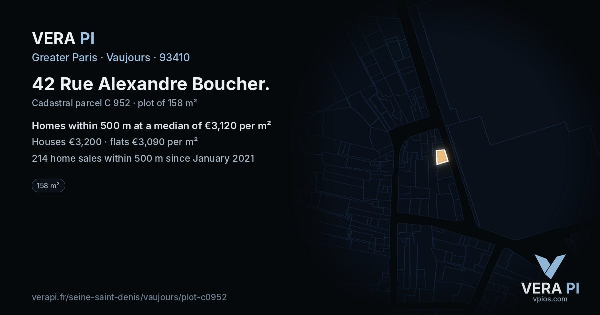42 Rue Alexandre Boucher, Vaujours at night – the plot lit, the parcels around coloured by the prices near them