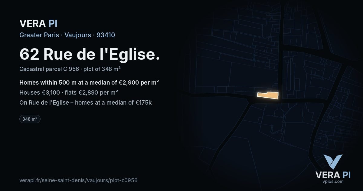 62 Rue de l'Eglise, Vaujours at night – the plot lit, the parcels around coloured by the prices near them