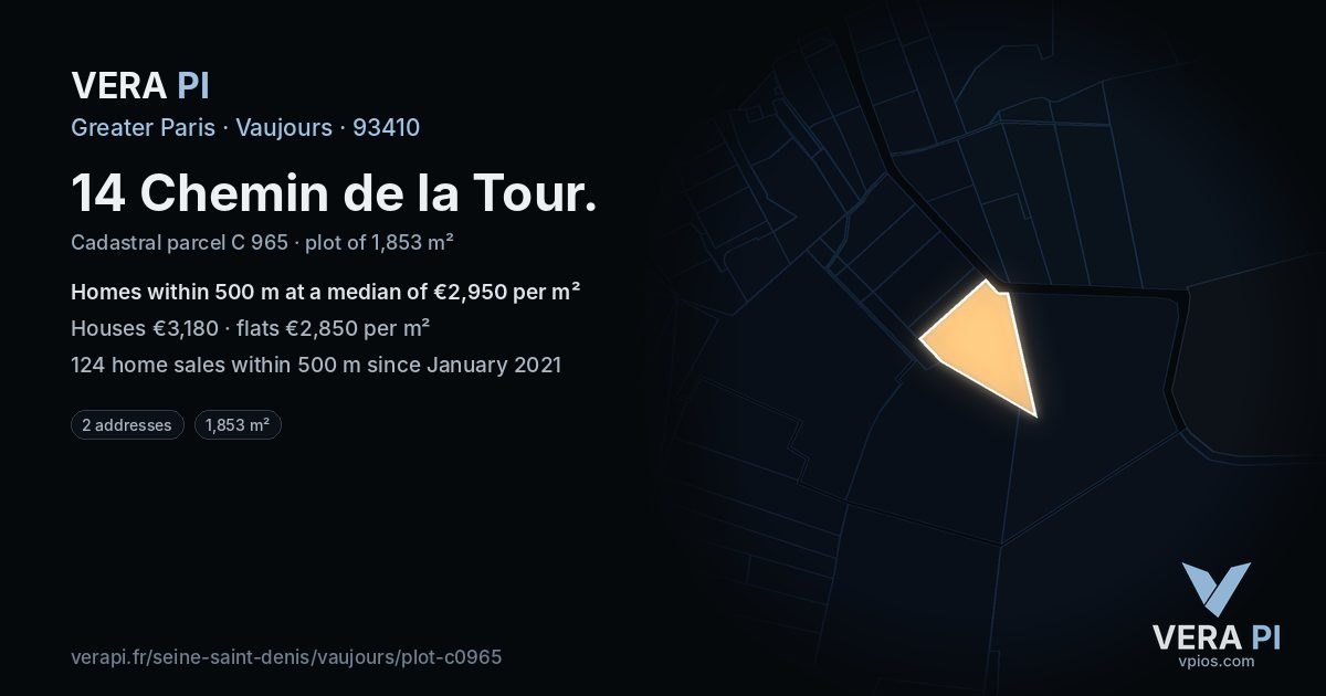 14 Chemin de la Tour, Vaujours at night – the plot lit, the parcels around coloured by the prices near them