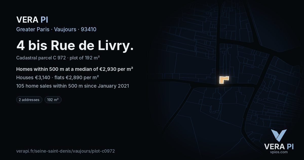 4 bis Rue de Livry, Vaujours at night – the plot lit, the parcels around coloured by the prices near them