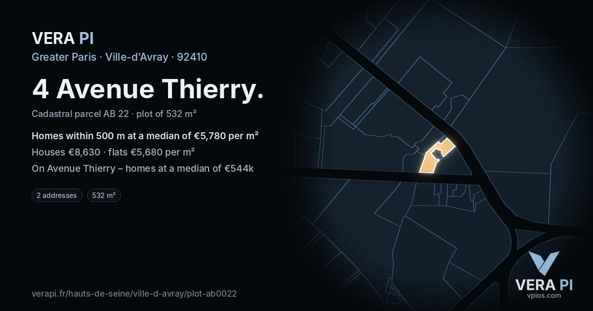 4 Avenue Thierry, Ville-d'Avray at night – the plot lit, the parcels around coloured by the prices near them