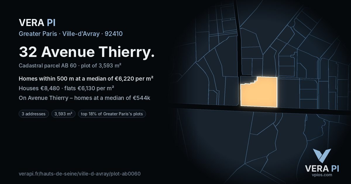 32 Avenue Thierry, Ville-d'Avray at night – the plot lit, the parcels around coloured by the prices near them