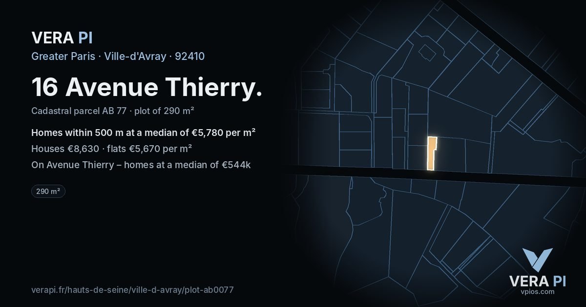 16 Avenue Thierry, Ville-d'Avray at night – the plot lit, the parcels around coloured by the prices near them