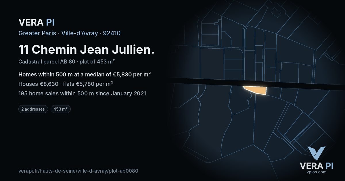 11 Chemin Jean Jullien, Ville-d'Avray at night – the plot lit, the parcels around coloured by the prices near them