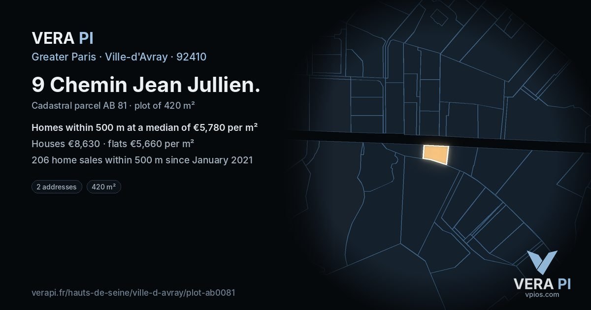 9 Chemin Jean Jullien, Ville-d'Avray at night – the plot lit, the parcels around coloured by the prices near them