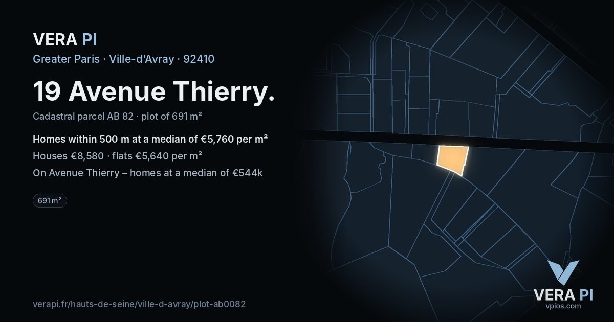 19 Avenue Thierry, Ville-d'Avray at night – the plot lit, the parcels around coloured by the prices near them