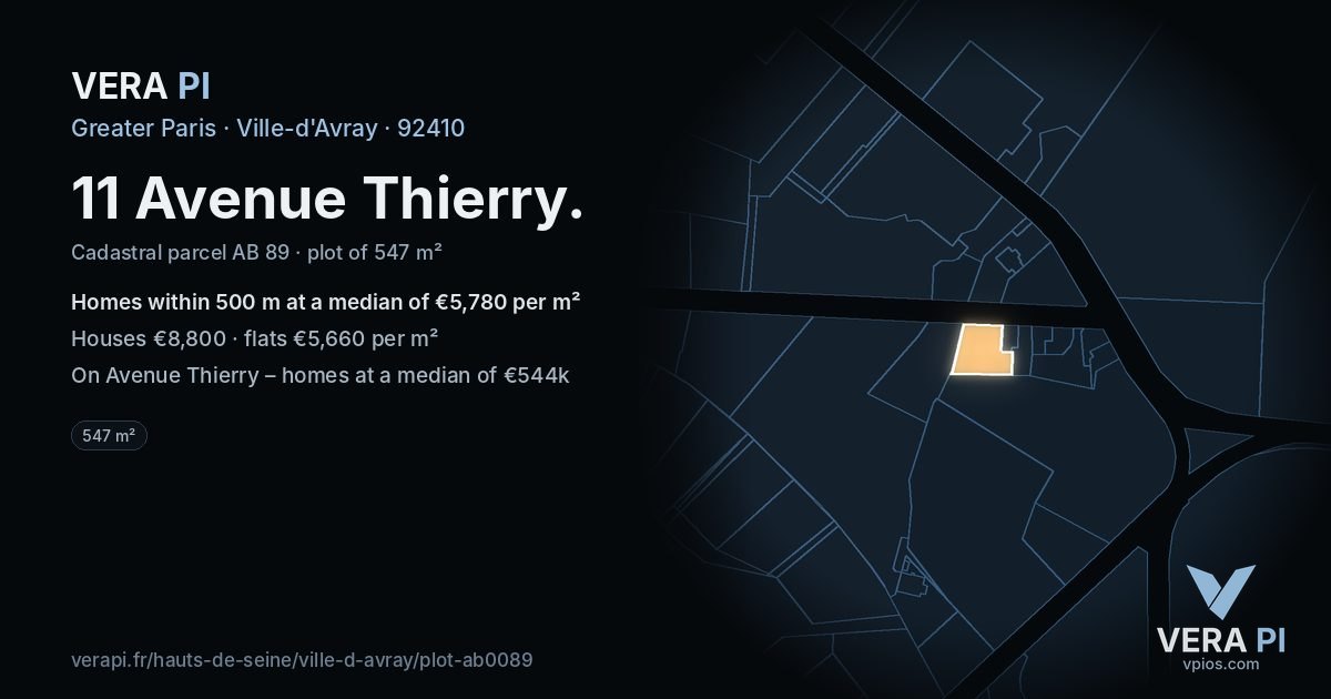 11 Avenue Thierry, Ville-d'Avray at night – the plot lit, the parcels around coloured by the prices near them