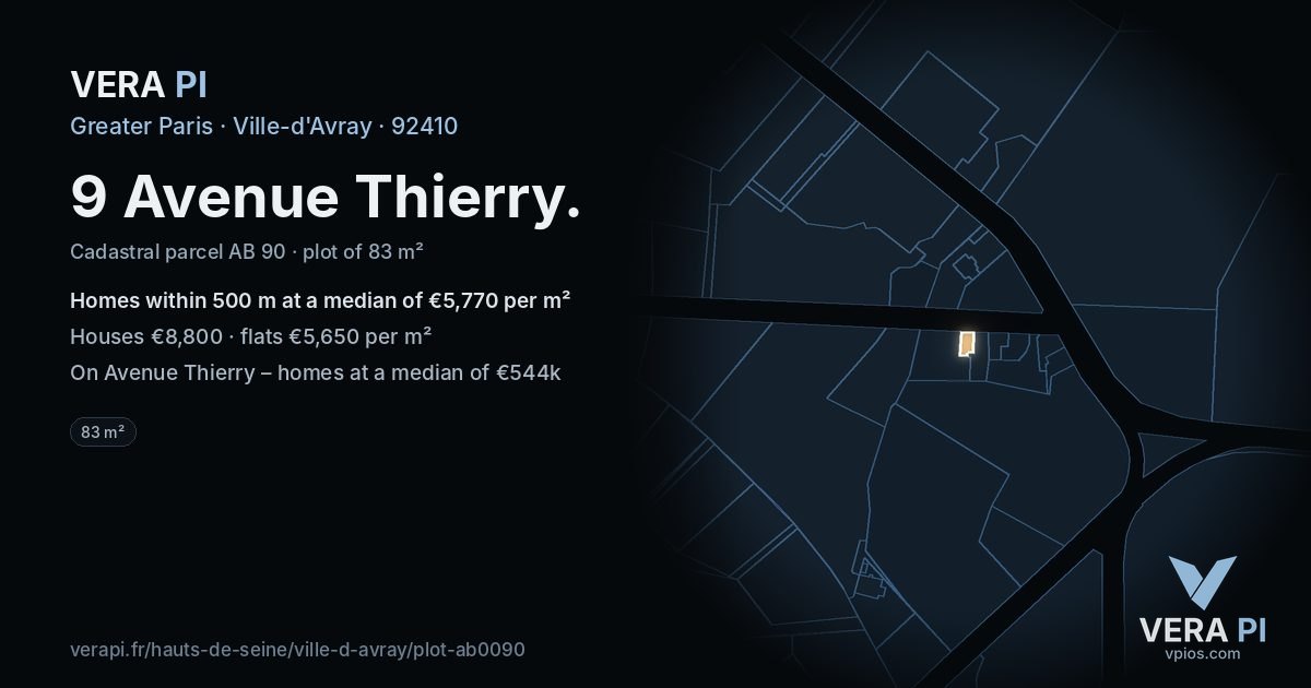 9 Avenue Thierry, Ville-d'Avray at night – the plot lit, the parcels around coloured by the prices near them