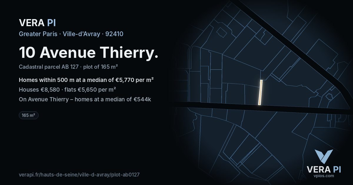 10 Avenue Thierry, Ville-d'Avray at night – the plot lit, the parcels around coloured by the prices near them