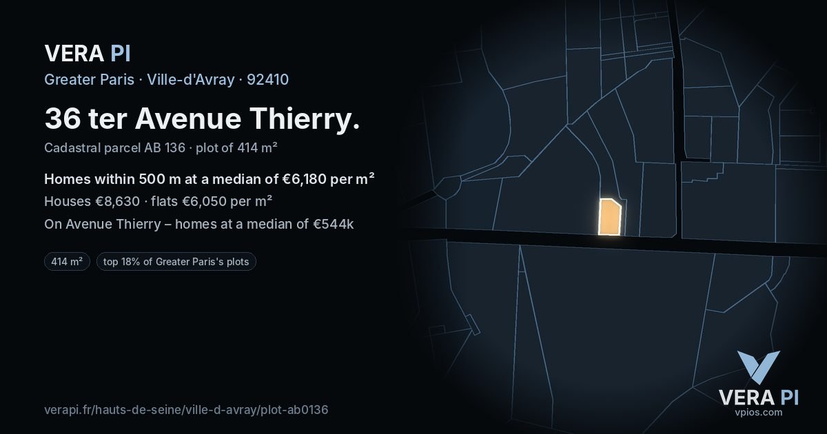 36 ter Avenue Thierry, Ville-d'Avray at night – the plot lit, the parcels around coloured by the prices near them