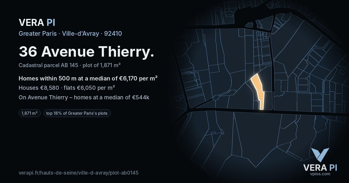 36 Avenue Thierry, Ville-d'Avray at night – the plot lit, the parcels around coloured by the prices near them