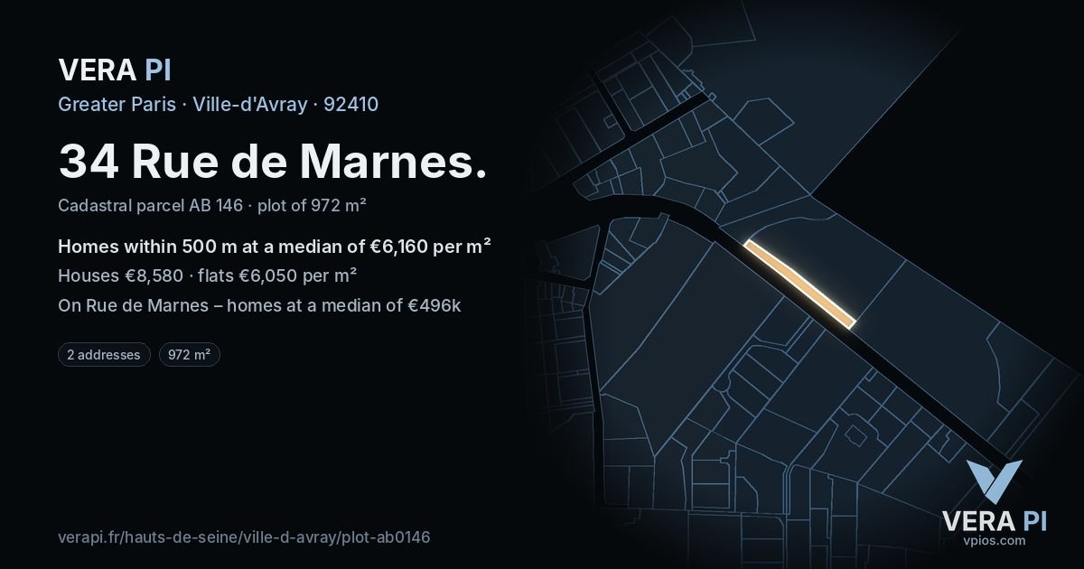 34 Rue de Marnes, Ville-d'Avray at night – the plot lit, the parcels around coloured by the prices near them