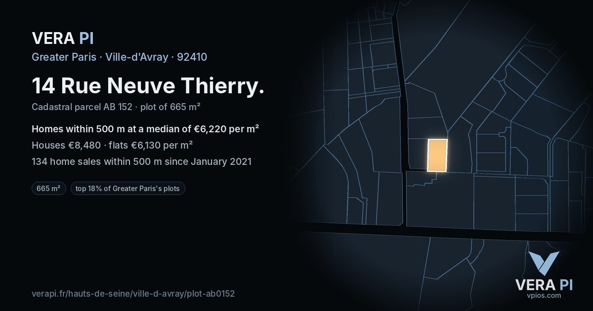 14 Rue Neuve Thierry, Ville-d'Avray at night – the plot lit, the parcels around coloured by the prices near them