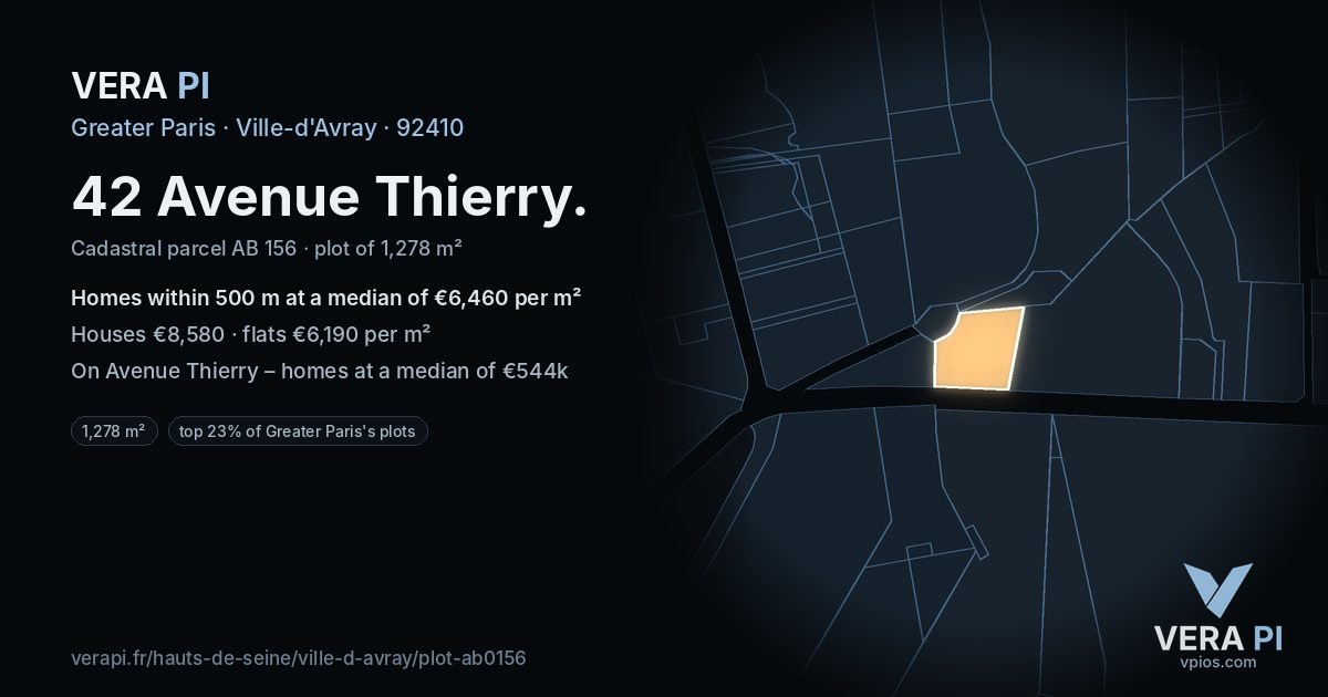 42 Avenue Thierry, Ville-d'Avray at night – the plot lit, the parcels around coloured by the prices near them