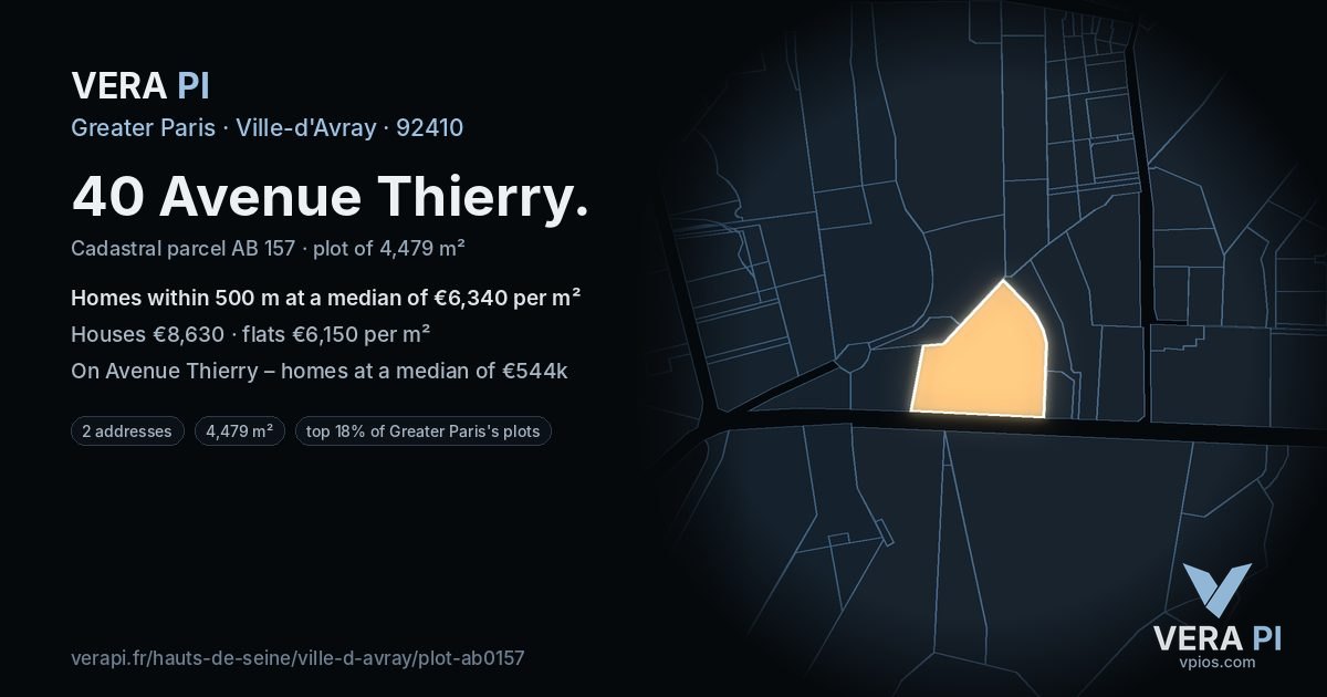 40 Avenue Thierry, Ville-d'Avray at night – the plot lit, the parcels around coloured by the prices near them