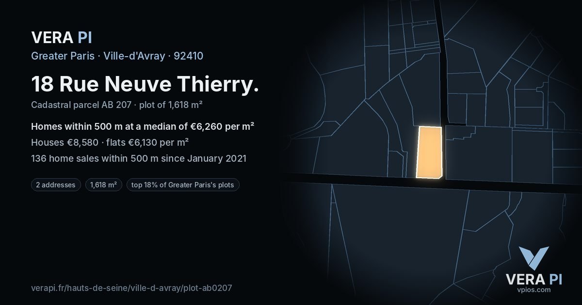 18 Rue Neuve Thierry, Ville-d'Avray at night – the plot lit, the parcels around coloured by the prices near them