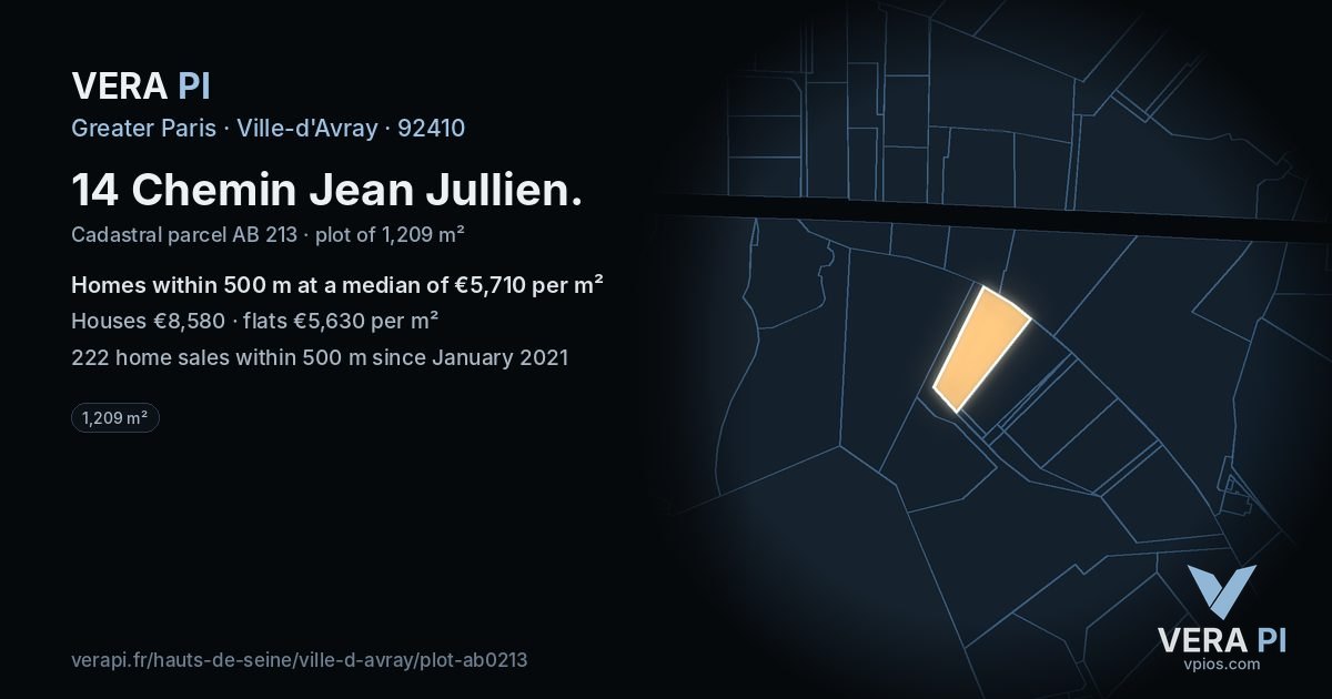 14 Chemin Jean Jullien, Ville-d'Avray at night – the plot lit, the parcels around coloured by the prices near them