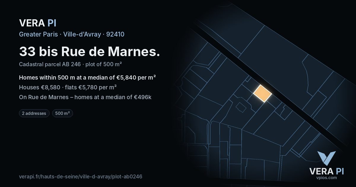 33 bis Rue de Marnes, Ville-d'Avray at night – the plot lit, the parcels around coloured by the prices near them