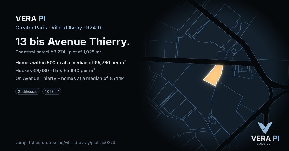 13 bis Avenue Thierry, Ville-d'Avray at night – the plot lit, the parcels around coloured by the prices near them