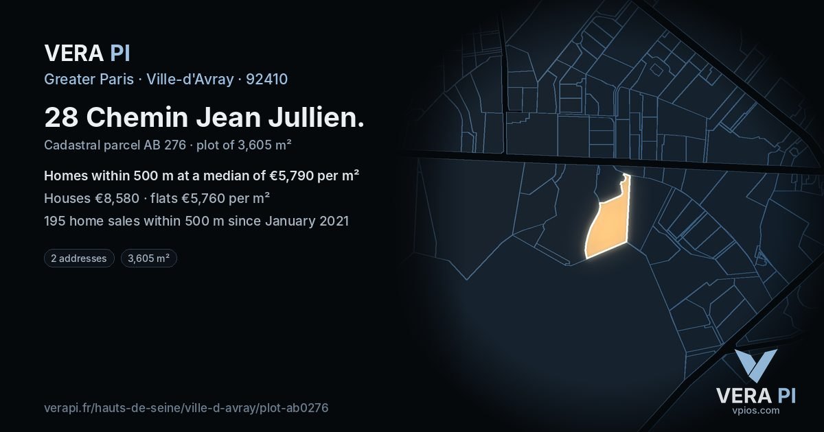 28 Chemin Jean Jullien, Ville-d'Avray at night – the plot lit, the parcels around coloured by the prices near them