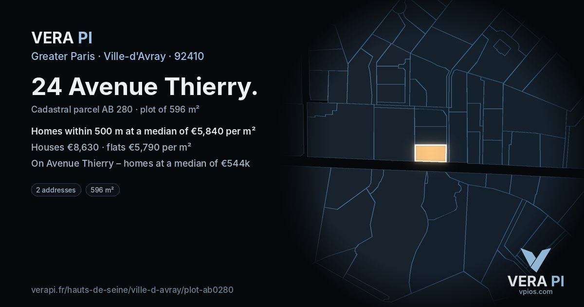 24 Avenue Thierry, Ville-d'Avray at night – the plot lit, the parcels around coloured by the prices near them
