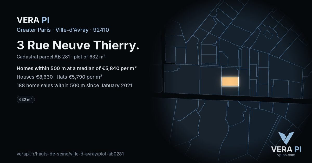 3 Rue Neuve Thierry, Ville-d'Avray at night – the plot lit, the parcels around coloured by the prices near them