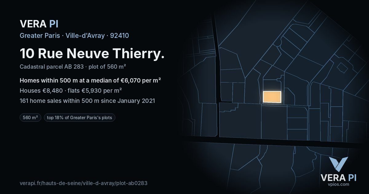 10 Rue Neuve Thierry, Ville-d'Avray at night – the plot lit, the parcels around coloured by the prices near them