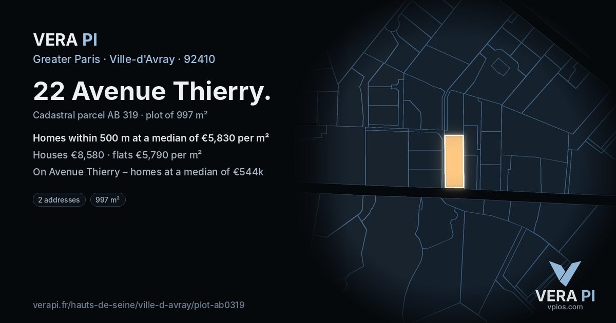 22 Avenue Thierry, Ville-d'Avray at night – the plot lit, the parcels around coloured by the prices near them