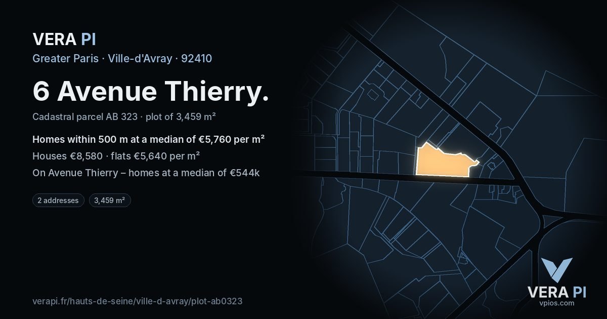 6 Avenue Thierry, Ville-d'Avray at night – the plot lit, the parcels around coloured by the prices near them