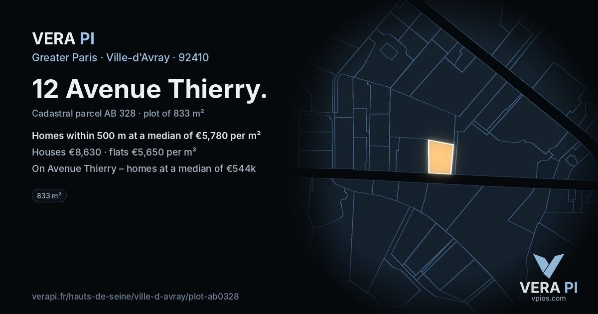 12 Avenue Thierry, Ville-d'Avray at night – the plot lit, the parcels around coloured by the prices near them