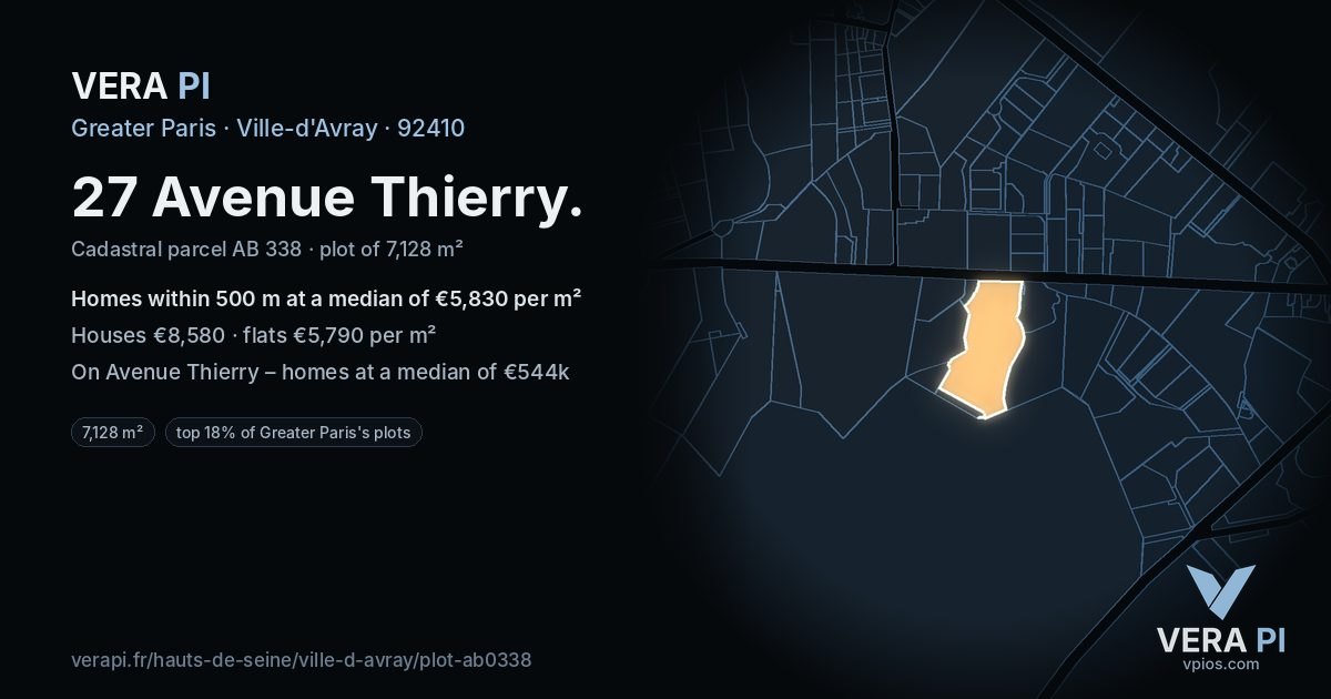 27 Avenue Thierry, Ville-d'Avray at night – the plot lit, the parcels around coloured by the prices near them