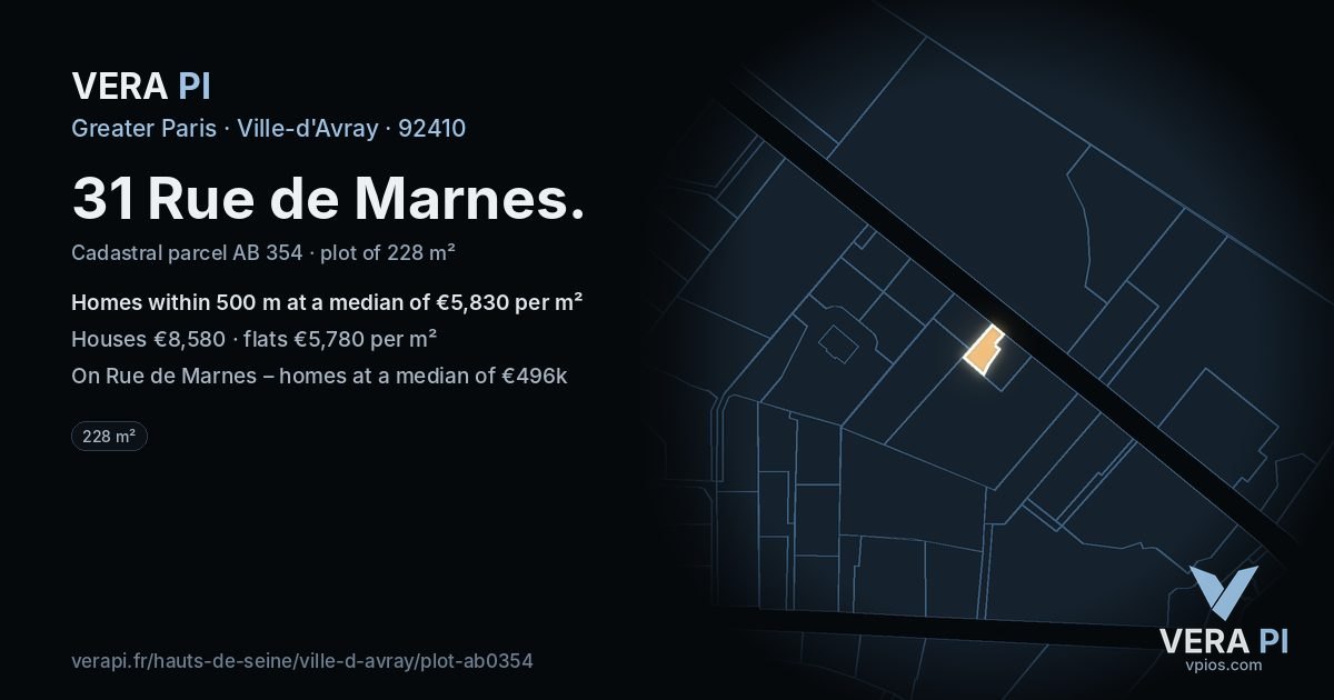 31 Rue de Marnes, Ville-d'Avray at night – the plot lit, the parcels around coloured by the prices near them