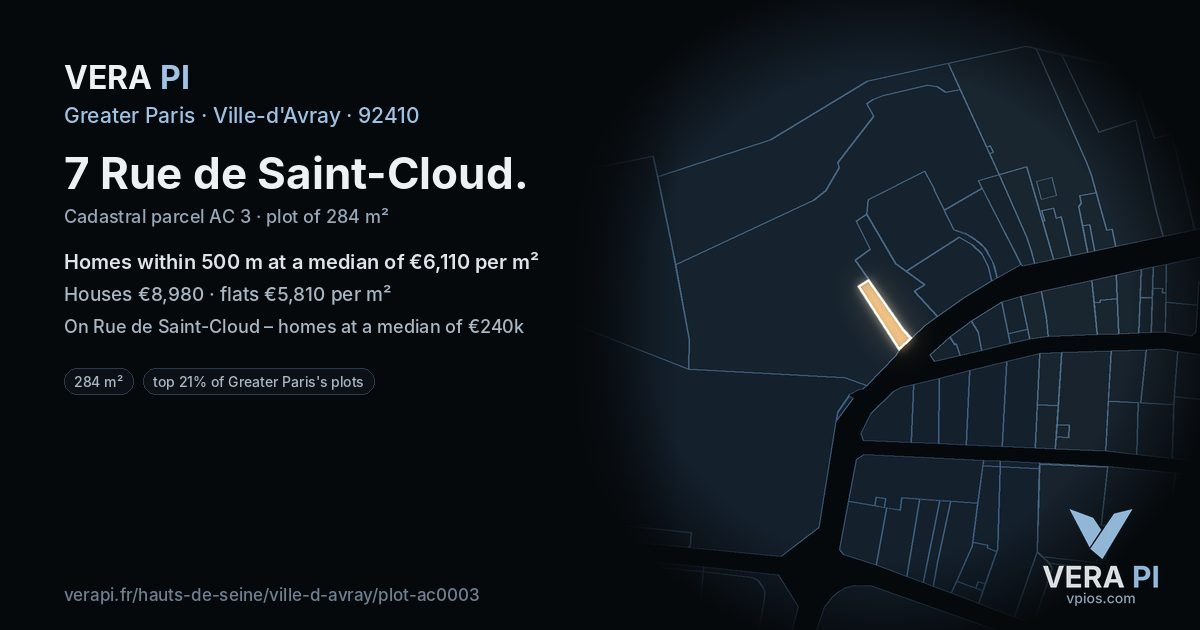 7 Rue de Saint-Cloud, Ville-d'Avray at night – the plot lit, the parcels around coloured by the prices near them