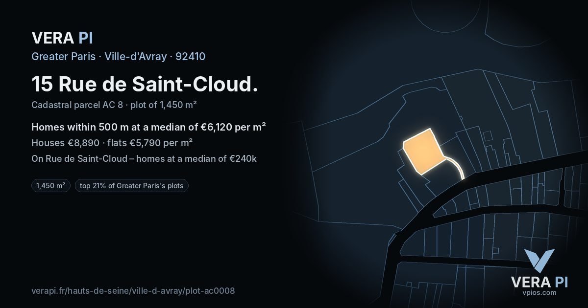 15 Rue de Saint-Cloud, Ville-d'Avray at night – the plot lit, the parcels around coloured by the prices near them