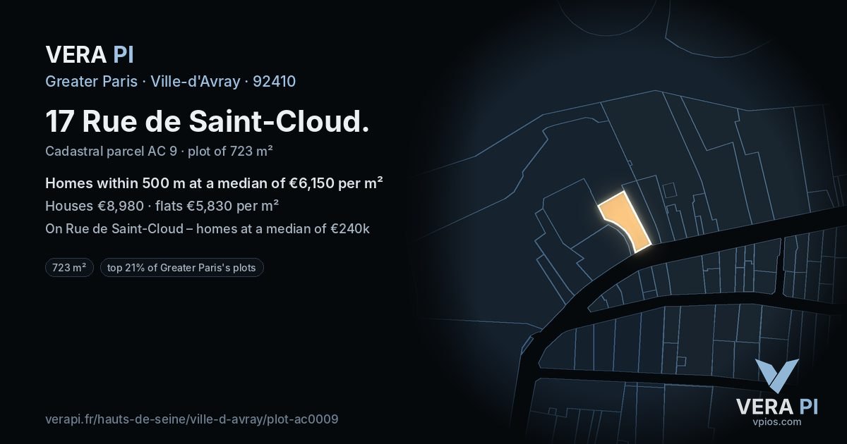17 Rue de Saint-Cloud, Ville-d'Avray at night – the plot lit, the parcels around coloured by the prices near them