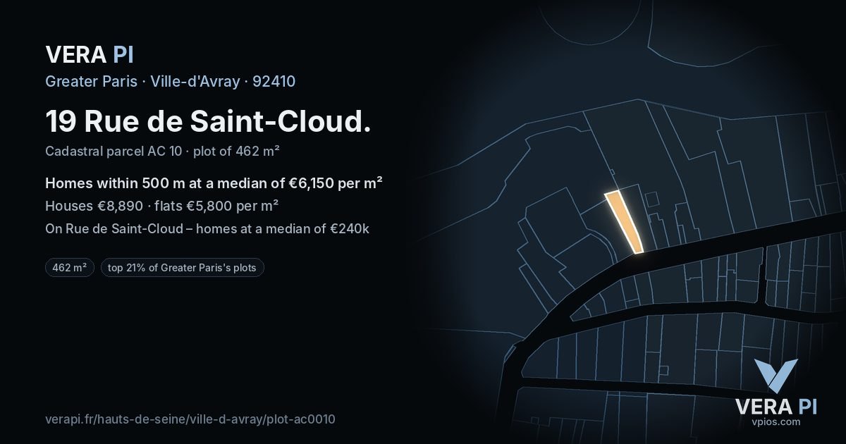 19 Rue de Saint-Cloud, Ville-d'Avray at night – the plot lit, the parcels around coloured by the prices near them