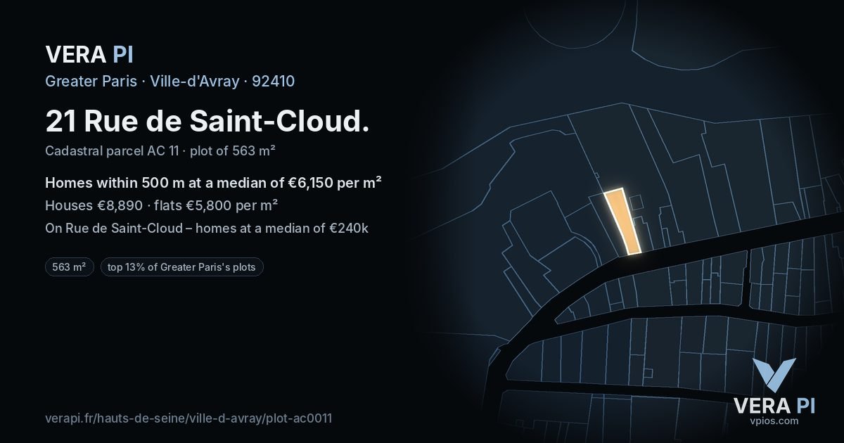 21 Rue de Saint-Cloud, Ville-d'Avray at night – the plot lit, the parcels around coloured by the prices near them