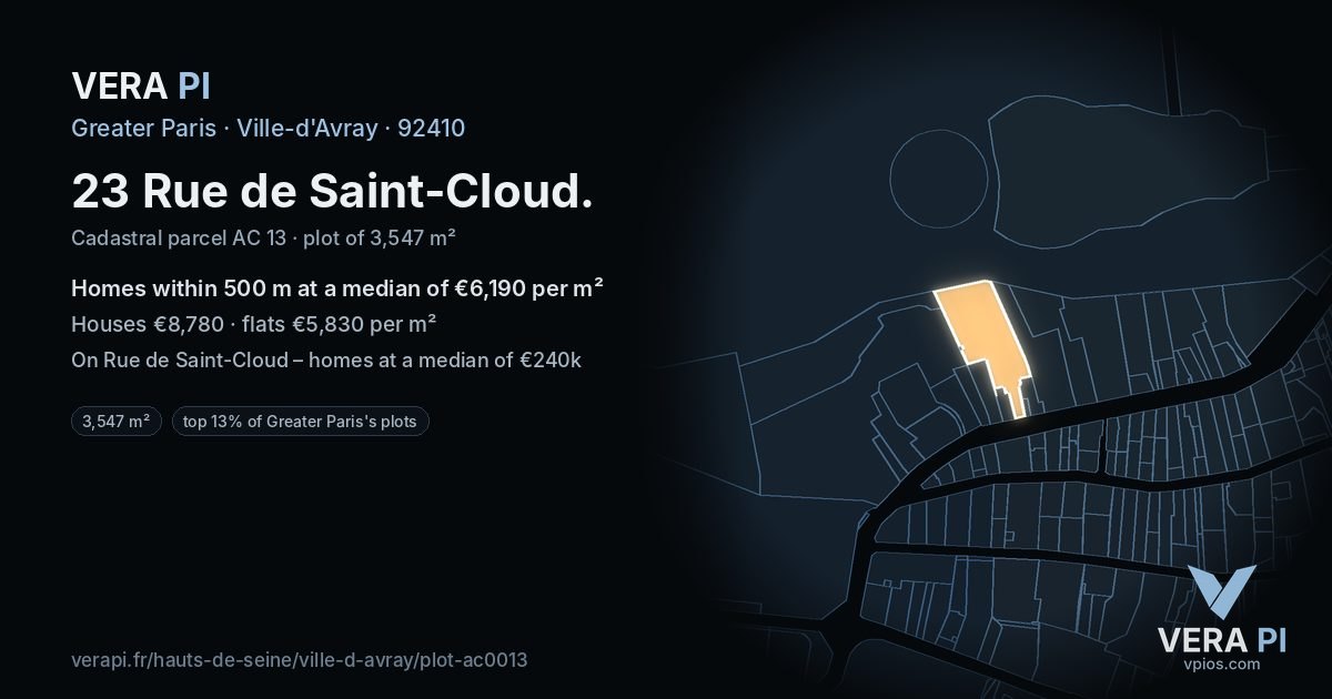 23 Rue de Saint-Cloud, Ville-d'Avray at night – the plot lit, the parcels around coloured by the prices near them