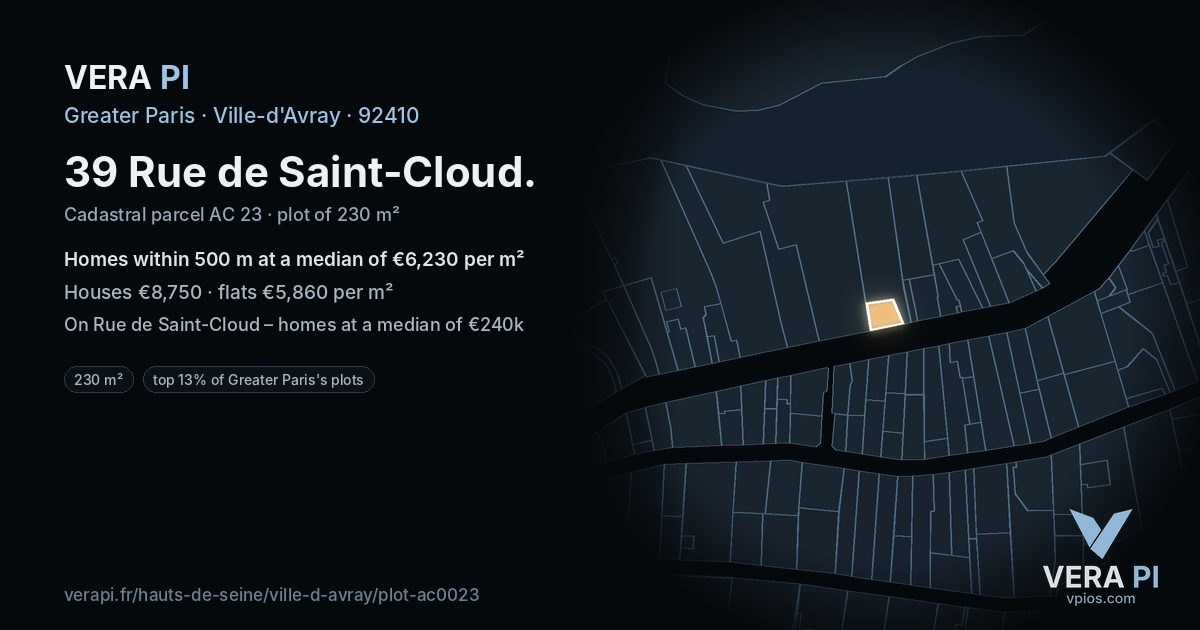 39 Rue de Saint-Cloud, Ville-d'Avray at night – the plot lit, the parcels around coloured by the prices near them