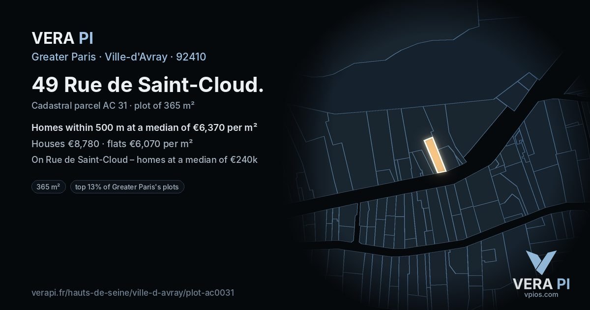 49 Rue de Saint-Cloud, Ville-d'Avray at night – the plot lit, the parcels around coloured by the prices near them