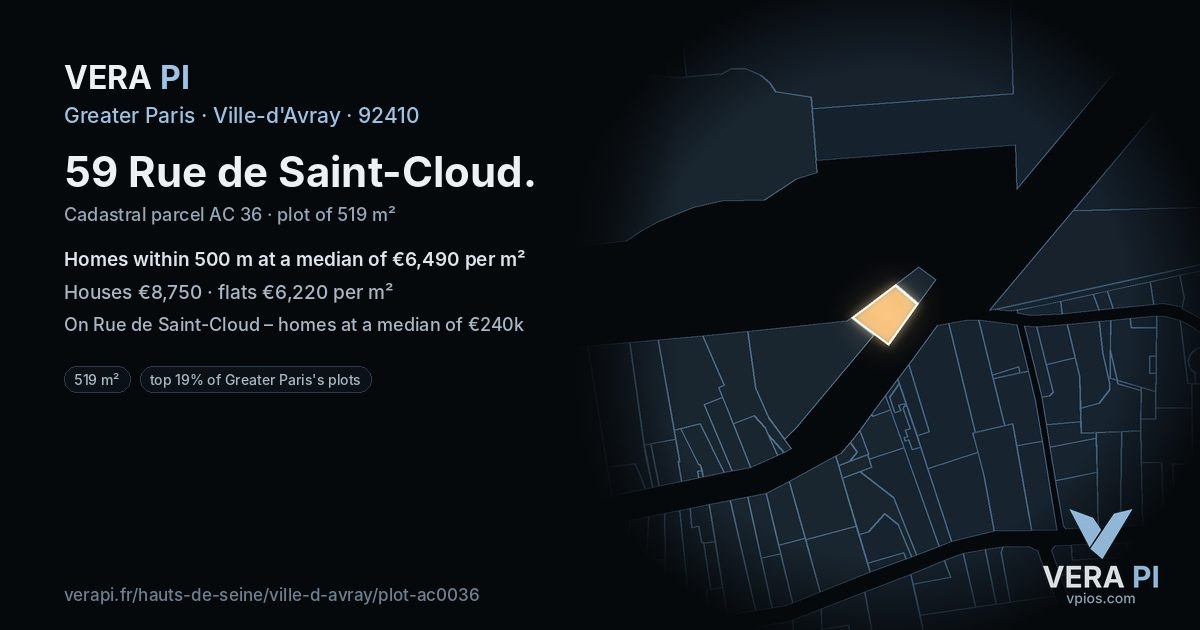 59 Rue de Saint-Cloud, Ville-d'Avray at night – the plot lit, the parcels around coloured by the prices near them