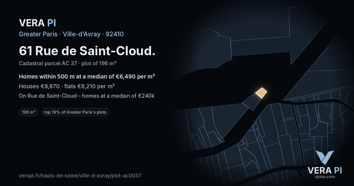 61 Rue de Saint-Cloud, Ville-d'Avray at night – the plot lit, the parcels around coloured by the prices near them