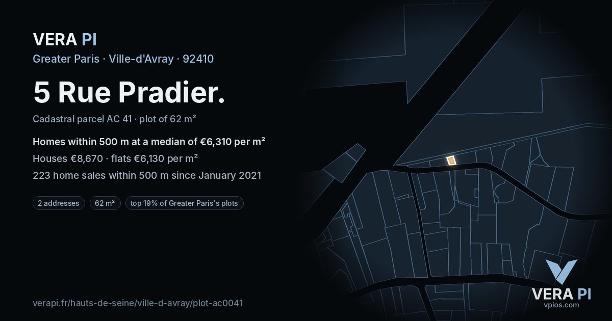 5 Rue Pradier, Ville-d'Avray at night – the plot lit, the parcels around coloured by the prices near them