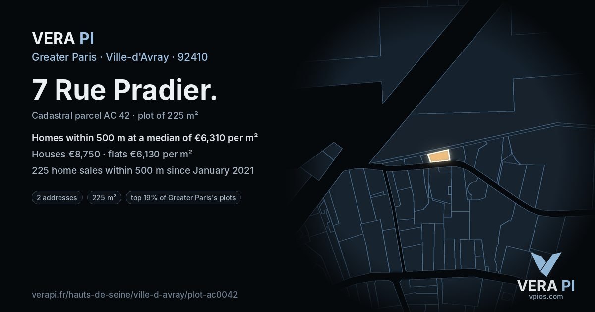 7 Rue Pradier, Ville-d'Avray at night – the plot lit, the parcels around coloured by the prices near them