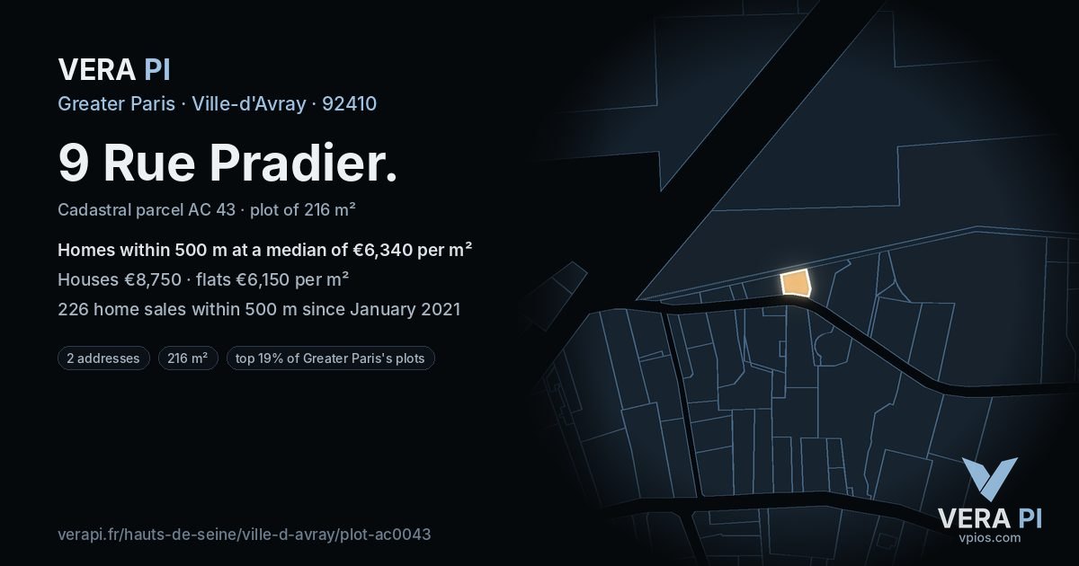 9 Rue Pradier, Ville-d'Avray at night – the plot lit, the parcels around coloured by the prices near them